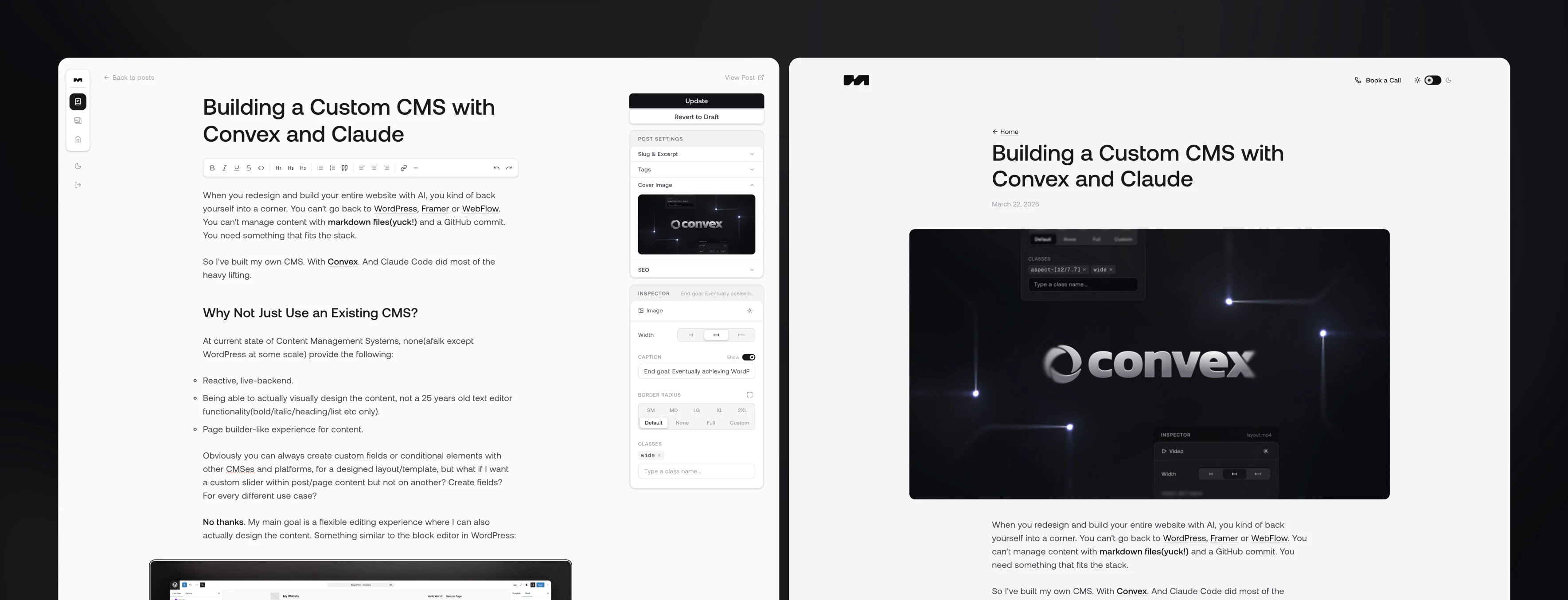 CMS vs Post view, side by side